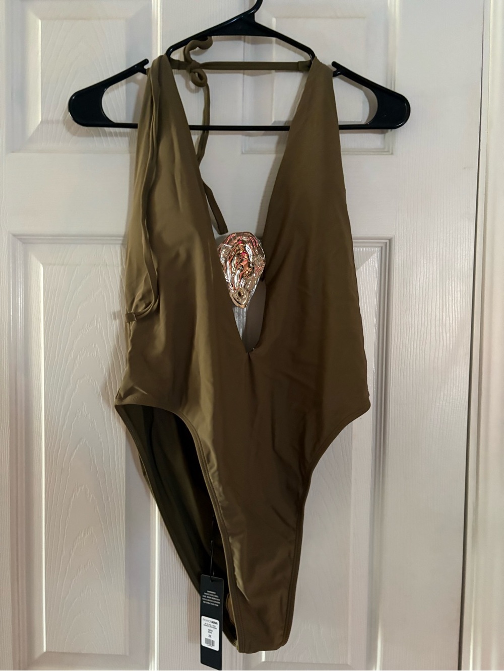 Fashion Nova Olive Green One-Piece Swimsuit with Decorative Accent
